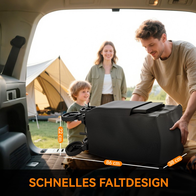 Kaksitasoinen taitettava puutarhavaunu 200 kg, 369,5 l, teräsrunko, irrotettava kangas, musta