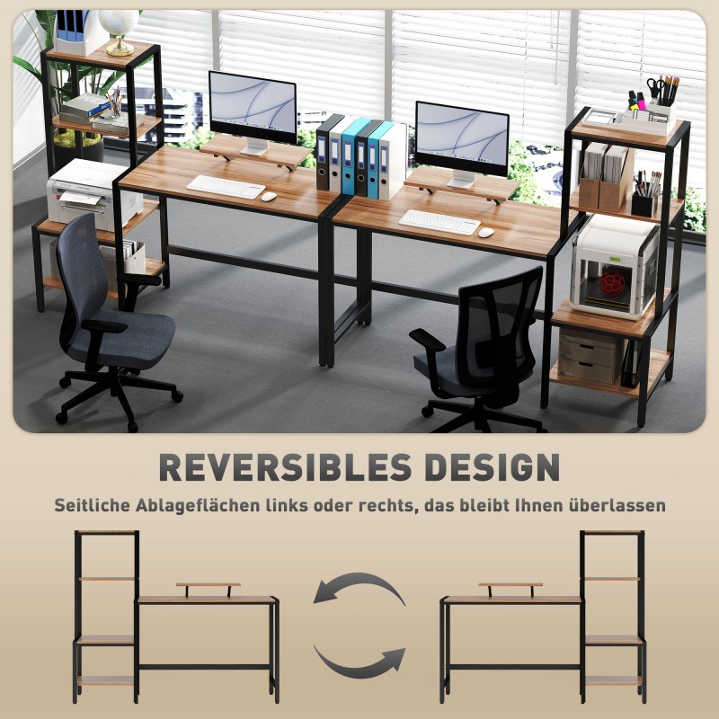 Työpöytä näytönkorottimella ja 4-tasoisella hyllyllä, teollinen ruskea/musta, 150 x 48 x 125 cm