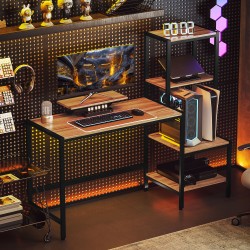 Työpöytä näytönkorottimella ja 4-tasoisella hyllyllä, teollinen ruskea/musta, 150 x 48 x 125 cm