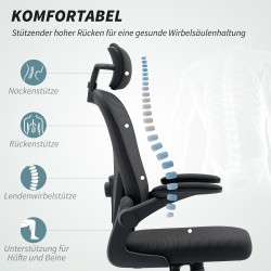 Ergonominen työtuoli säädettävällä niska- ja ristiseläntuella, ylös käännettävät käsinojat, musta