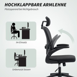 Ergonominen työtuoli säädettävällä niska- ja ristiseläntuella, ylös käännettävät käsinojat, musta