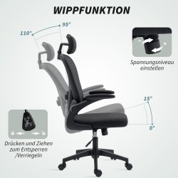 Ergonominen työtuoli säädettävällä niska- ja ristiseläntuella, ylös käännettävät käsinojat, musta
