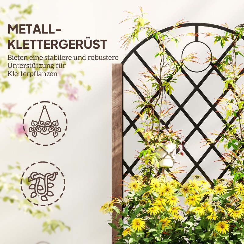 Viljelylaatikko ristikolla ja pyörillä ulkokäyttöön, kuusipuu/teräs, 52x25x97 cm, 2 kpl, ruskea/musta