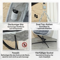 Riippunoja­tuoli jalustalla ulko- ja sisäkäyttöön, teräsrunko, Textilene-punos, tyynyt, harmaa/musta