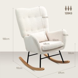 Keinuva nojatuoli teddy-kankaalla, paksu pehmustus ja lannetyyny, creme-valkoinen