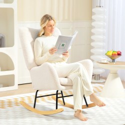 Keinuva nojatuoli teddy-kankaalla, paksu pehmustus ja lannetyyny, creme-valkoinen