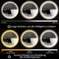 Pyöreä kylpyhuoneen peili LED-valaistuksella, huurteenesto- ja kosketustoiminnolla, näyttö