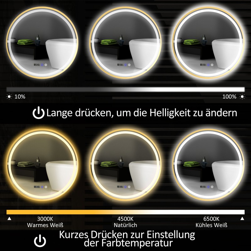 Pyöreä kylpyhuoneen peili LED-valaistuksella, huurteenesto- ja kosketustoiminnolla, näyttö