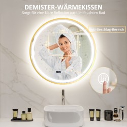 Pyöreä kylpyhuoneen peili LED-valaistuksella, huurteenesto- ja kosketustoiminnolla, näyttö