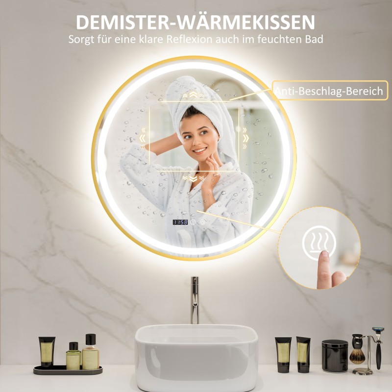 Pyöreä kylpyhuoneen peili LED-valaistuksella, huurteenesto- ja kosketustoiminnolla, näyttö