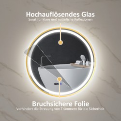 Pyöreä kylpyhuoneen peili LED-valaistuksella, huurteenesto- ja kosketustoiminnolla, näyttö