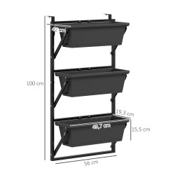Kolmitasoinen ulkokäyttöön istutusteline 3 ruukkua 10 L teräs ja muovi 56x42x100 cm tummanharmaa