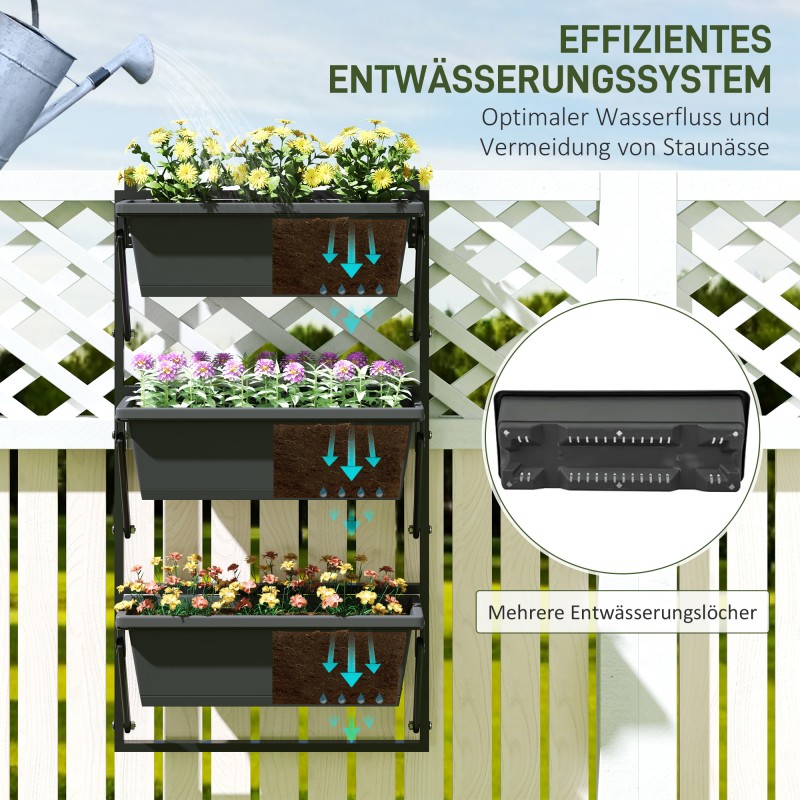 Kolmitasoinen ulkokäyttöön istutusteline 3 ruukkua 10 L teräs ja muovi 56x42x100 cm tummanharmaa