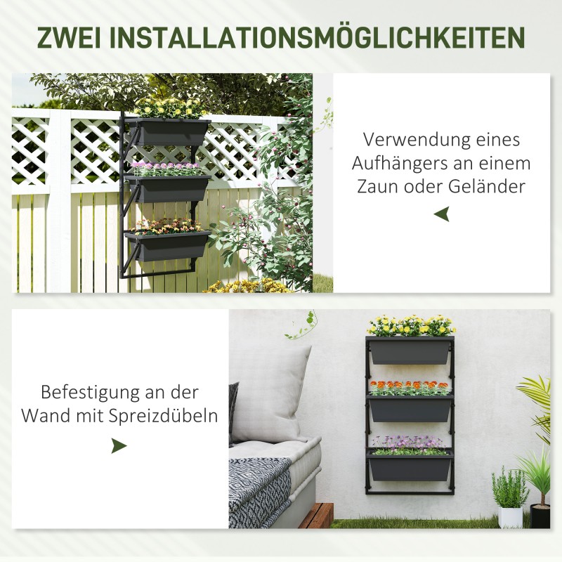 Kolmitasoinen ulkokäyttöön istutusteline 3 ruukkua 10 L teräs ja muovi 56x42x100 cm tummanharmaa