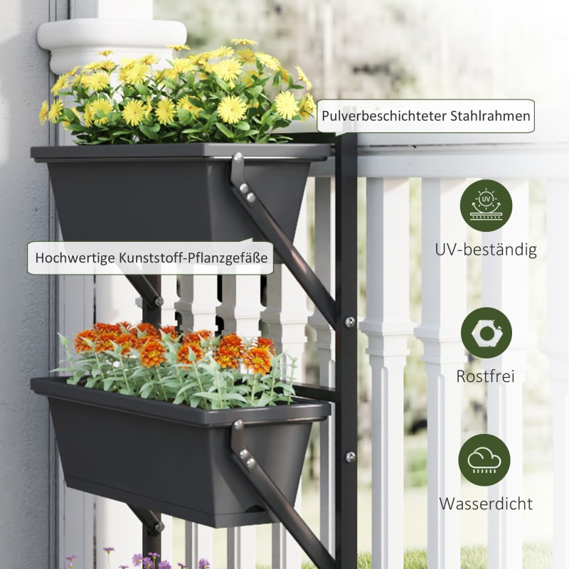 Kolmitasoinen ulkokäyttöön istutusteline 3 ruukkua 10 L teräs ja muovi 56x42x100 cm tummanharmaa