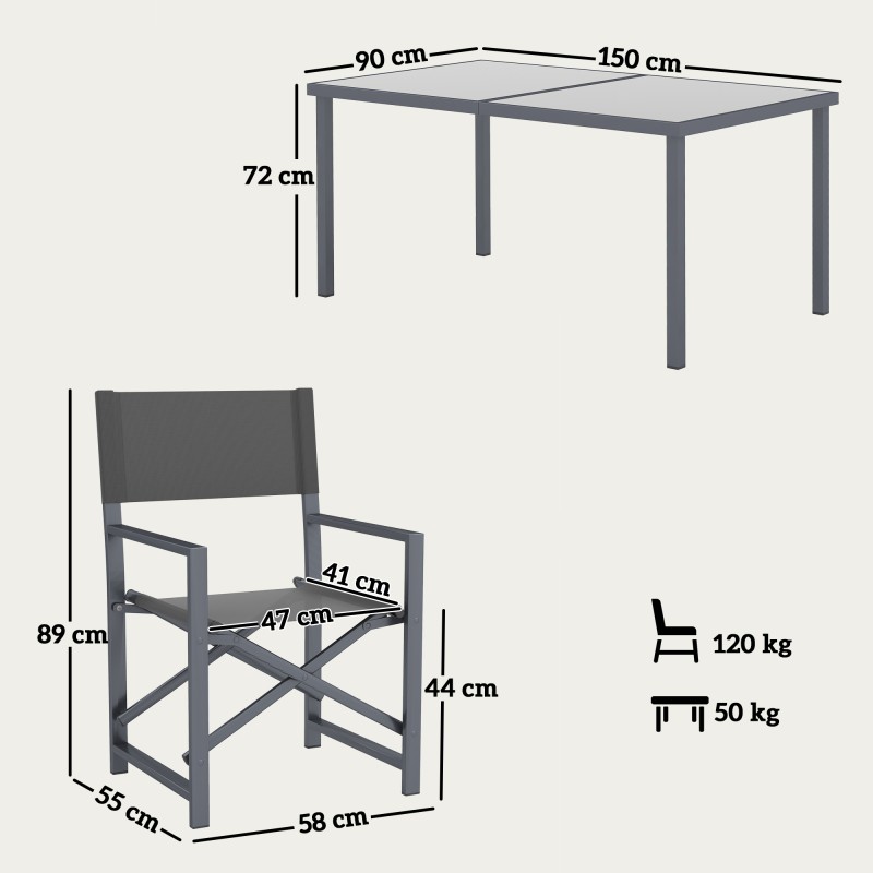 Ulkoruokailuryhmä 5-osainen teräs ja lasi 4 hengelle taittuvilla tuoleilla harmaa