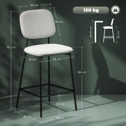 Baarituoli setti 2 kpl, samettiverhoilu ja teräsjalat, 45 x 49 x 102 cm, vaaleanharmaa