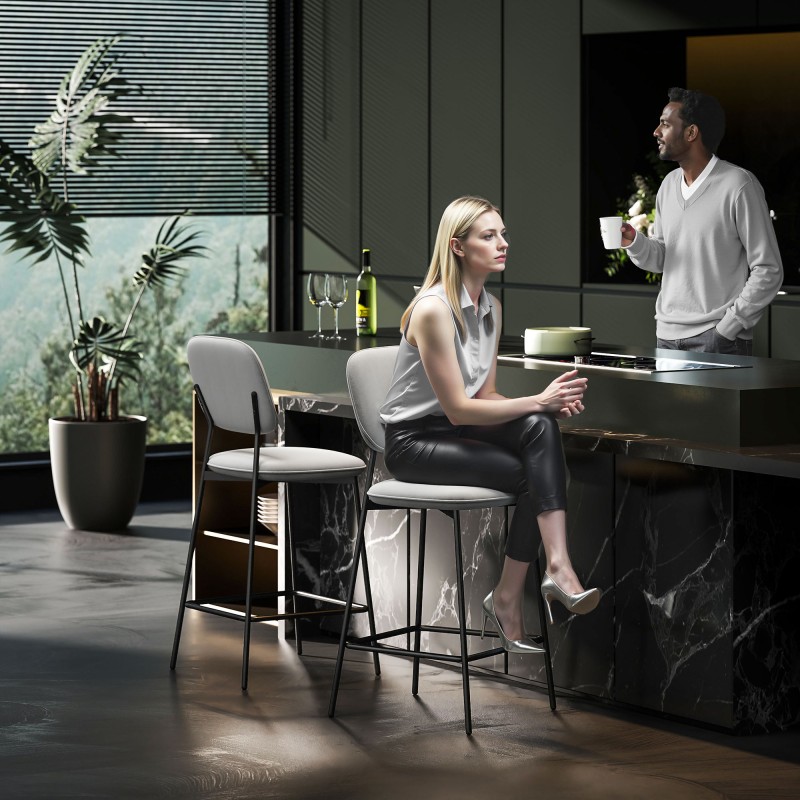 Baarituoli setti 2 kpl, samettiverhoilu ja teräsjalat, 45 x 49 x 102 cm, vaaleanharmaa