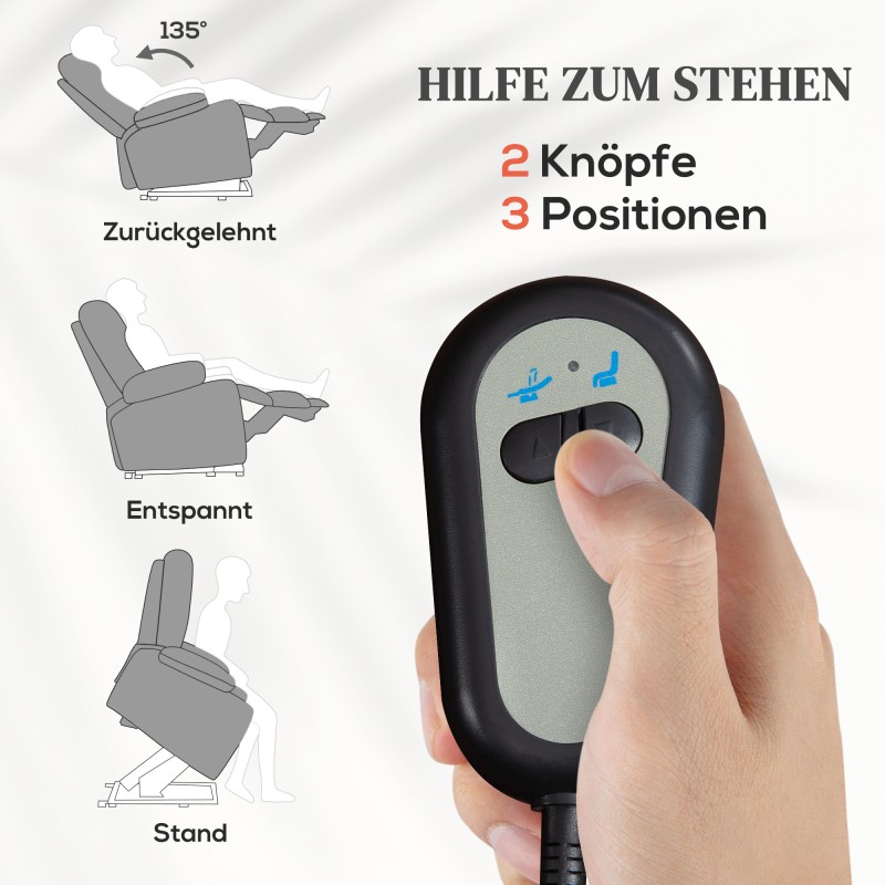 Sähköinen lepotuoli nostoavulla, hieronta- ja lämpötoiminnoilla, 2 kaukosäädintä, tummanharmaa
