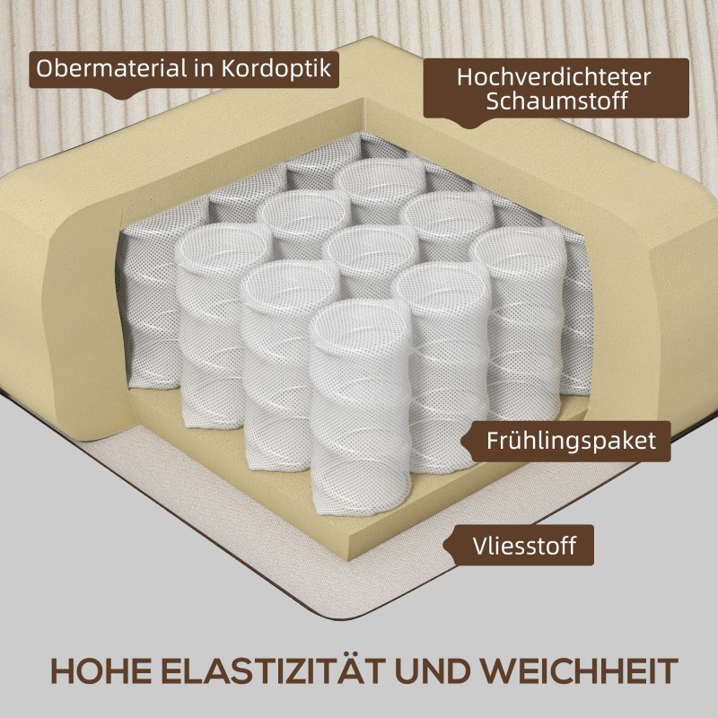 3-istuttava sohva cord-kankaalla, jousitettu istuin, 227x84x87 cm, cremevalkoinen