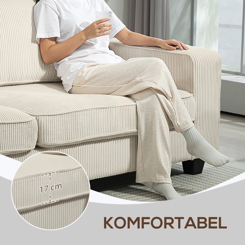 3-istuttava sohva cord-kankaalla, jousitettu istuin, 227x84x87 cm, cremevalkoinen