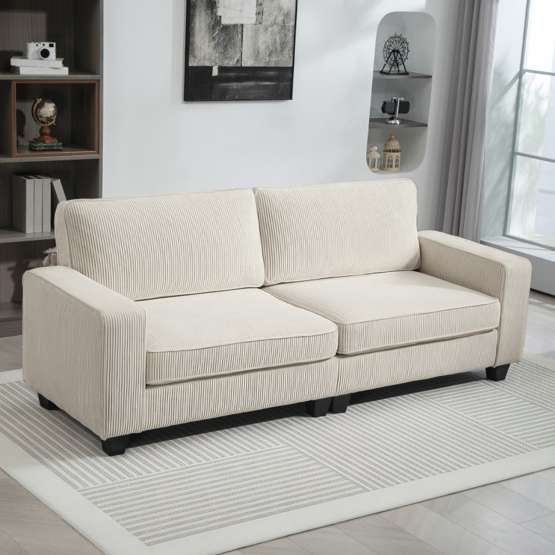 3-istuttava sohva cord-kankaalla, jousitettu istuin, 227x84x87 cm, cremevalkoinen