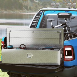 Alumiininen säilytyslaatikko työkaluille, lukittava, sivukahvat, 99 x 33 x 25,5 cm, hopea