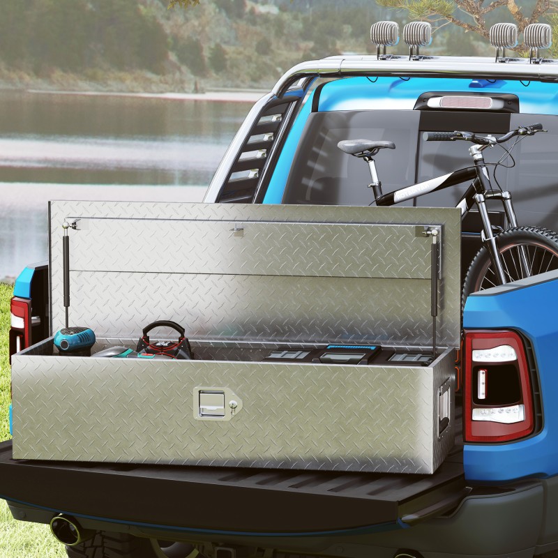 Alumiininen säilytyslaatikko työkaluille, lukittava, sivukahvat, 99 x 33 x 25,5 cm, hopea