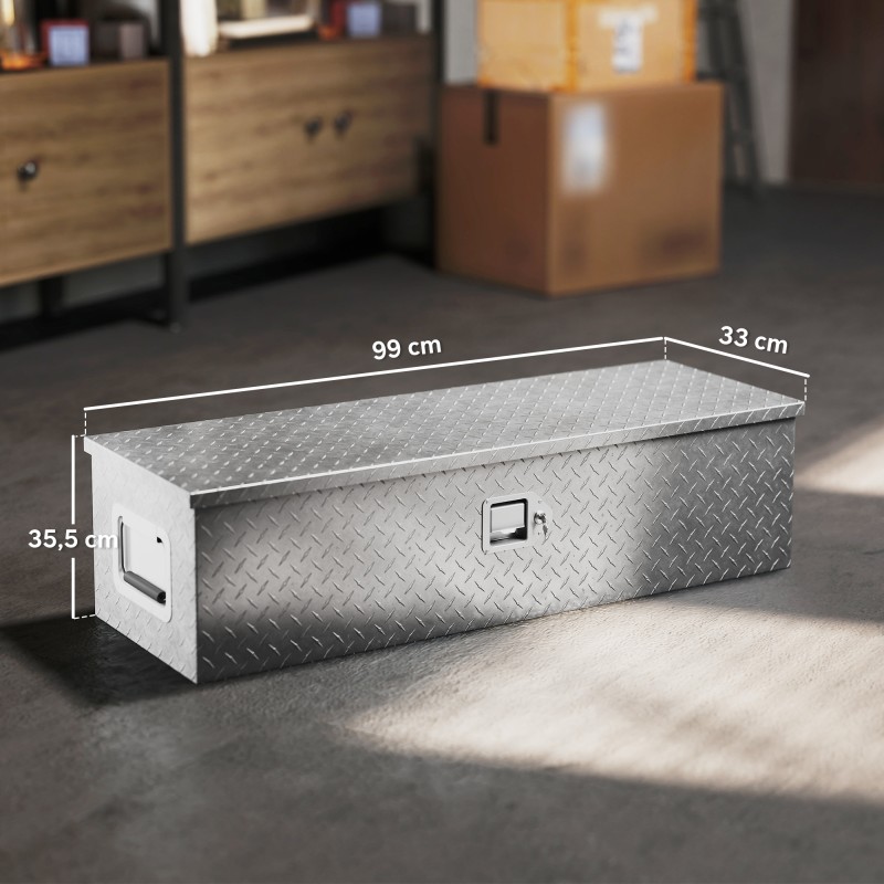 Alumiininen säilytyslaatikko työkaluille, lukittava, sivukahvat, 99 x 33 x 25,5 cm, hopea