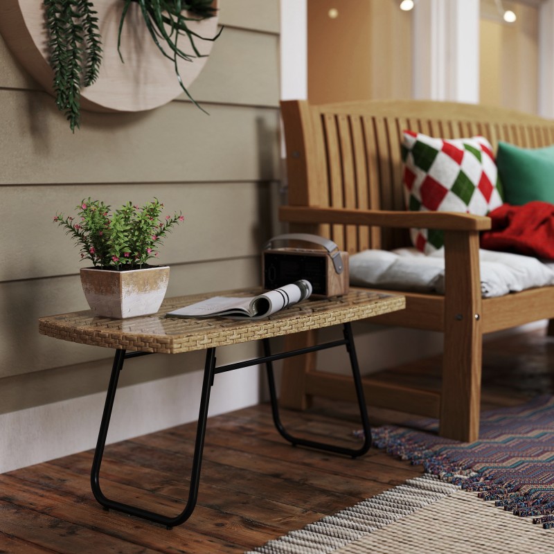 Polyrottinkinen ulkopöytä lasikannella 90 x 50 x 45 cm, luonnonpuun sävy