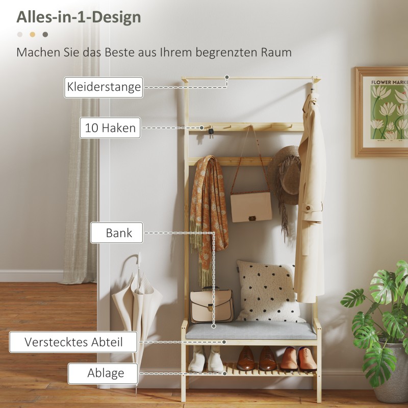 Naulakko istuimella ja kenkähyllyllä, bambu, vaatetanko ja 10 koukkua, luonnonväri, 73,5 x 34 x 171 cm