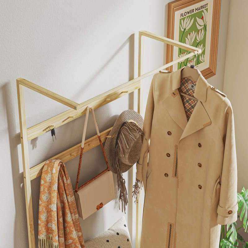 Naulakko istuimella ja kenkähyllyllä, bambu, vaatetanko ja 10 koukkua, luonnonväri, 73,5 x 34 x 171 cm