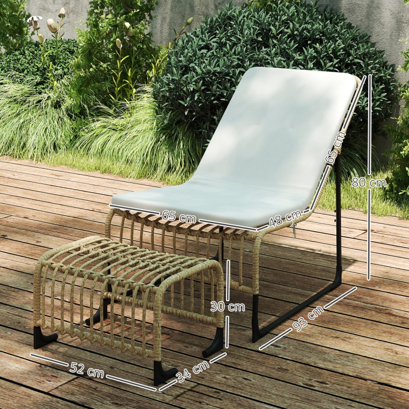 Rottinkityylinen ulkolepotuoli jalkatuella, teräsrunko, tyyny, 65 x 93 x 80 cm, creme/natur/schwarz
