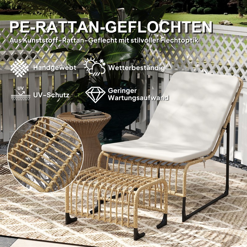 Rottinkityylinen ulkolepotuoli jalkatuella, teräsrunko, tyyny, 65 x 93 x 80 cm, creme/natur/schwarz