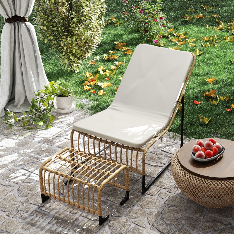 Rottinkityylinen ulkolepotuoli jalkatuella, teräsrunko, tyyny, 65 x 93 x 80 cm, creme/natur/schwarz