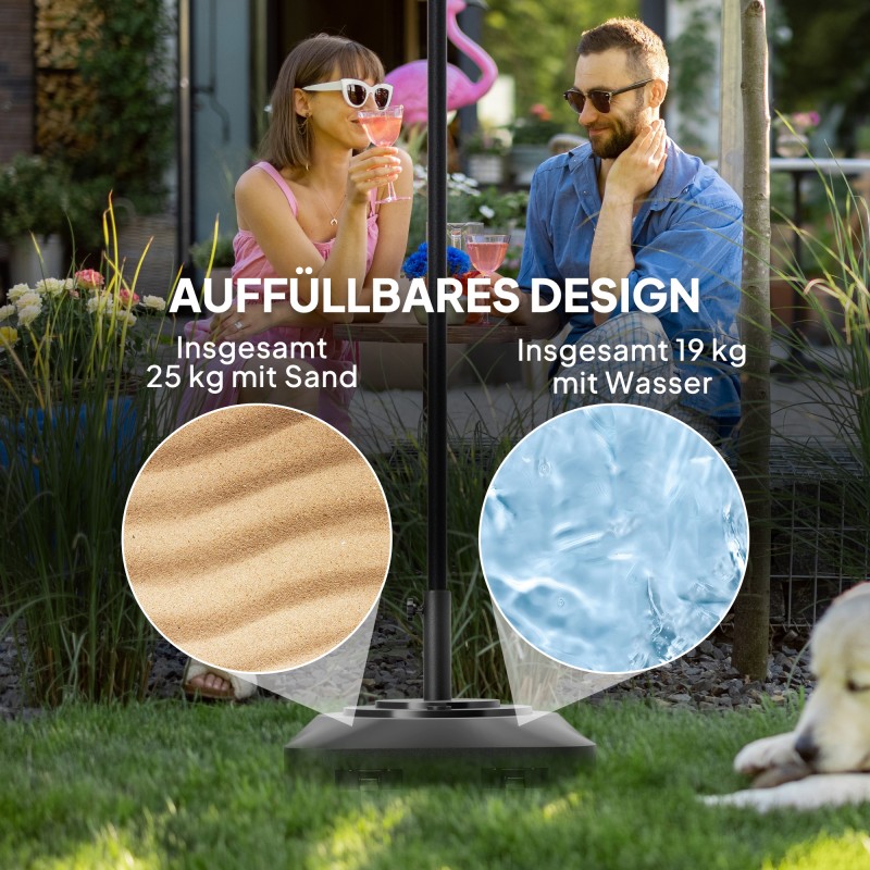 Aurinkovarjon jalka puutarhaan, täytettävä muovi, pyörillä, 48 x 48 x 32,5 cm, musta