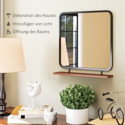 Seinäpeili hyllyllä, vintage-tyyli, metalli ja paulownia-puu, 55 x 55,5 cm, musta/puu