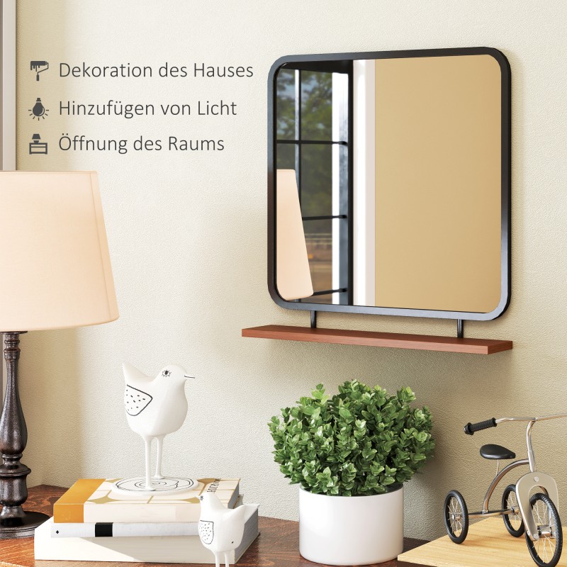 Seinäpeili hyllyllä, vintage-tyyli, metalli ja paulownia-puu, 55 x 55,5 cm, musta/puu