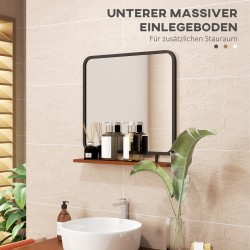 Seinäpeili hyllyllä, vintage-tyyli, metalli ja paulownia-puu, 55 x 55,5 cm, musta/puu