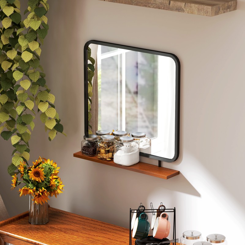 Seinäpeili hyllyllä, vintage-tyyli, metalli ja paulownia-puu, 55 x 55,5 cm, musta/puu