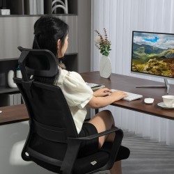 Työtuoli kotitoimistoon, verkkoselkänoja ja säädettävä niskatuki, keinutoiminto, musta