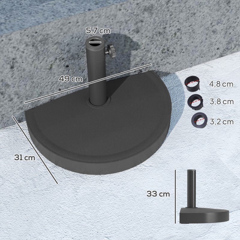 Aurinkovarjon jalusta puolikas betonitäytteinen 9 kg ulkokäyttöön, halkaisija 32/38/48 mm, musta