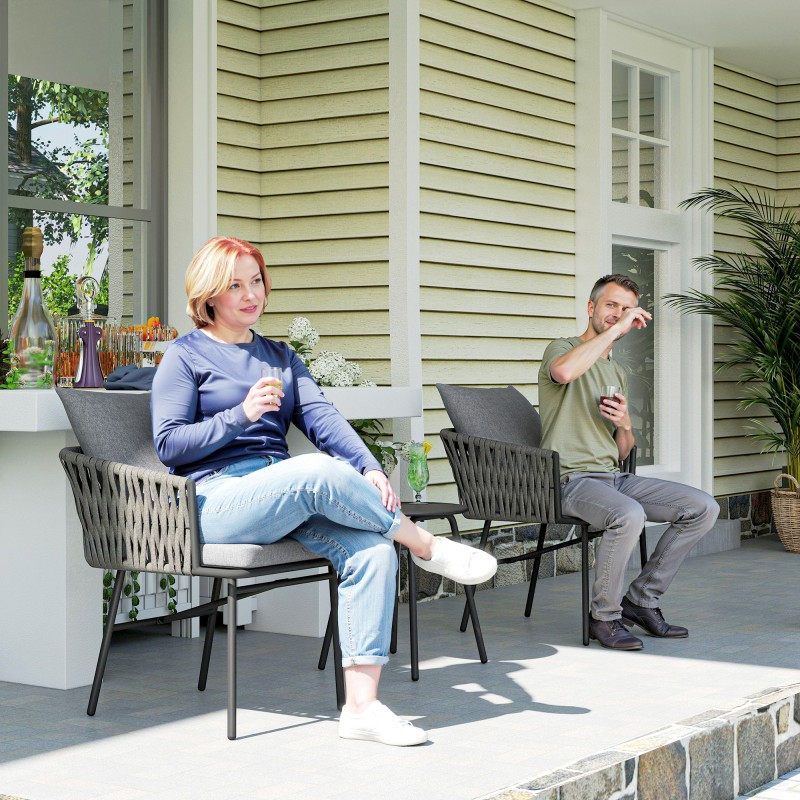 Ulkokalustesetti 3-osainen, 2 tuolia ja pöytä, muovirottinki ja teräs, harmaa