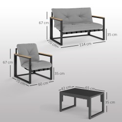Puutarhan oleskeluryhmä 4 hengelle teräsrunko 2 hengen sohva 2 nojatuolia pöytä vaaleanharmaa/musta
