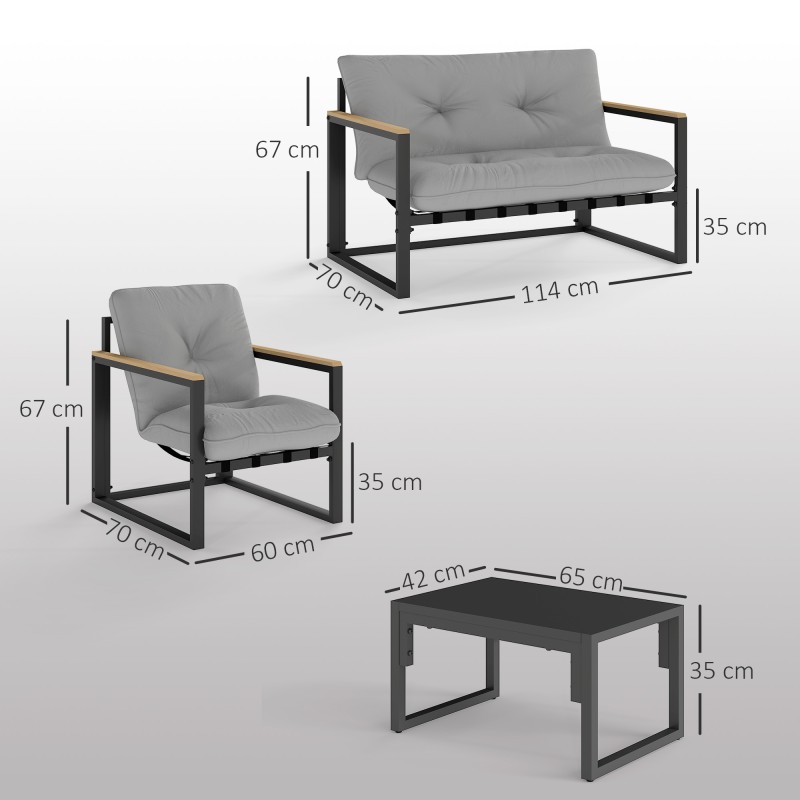 Puutarhan oleskeluryhmä 4 hengelle teräsrunko 2 hengen sohva 2 nojatuolia pöytä vaaleanharmaa/musta