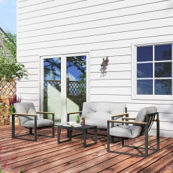 Puutarhan oleskeluryhmä 4 hengelle teräsrunko 2 hengen sohva 2 nojatuolia pöytä vaaleanharmaa/musta