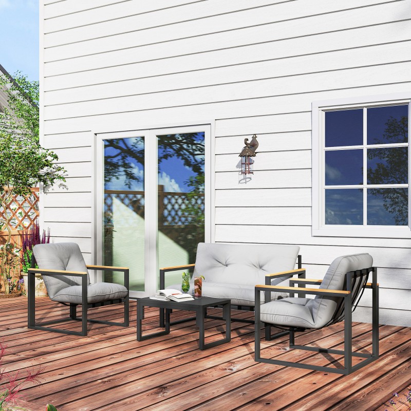 Puutarhan oleskeluryhmä 4 hengelle teräsrunko 2 hengen sohva 2 nojatuolia pöytä vaaleanharmaa/musta