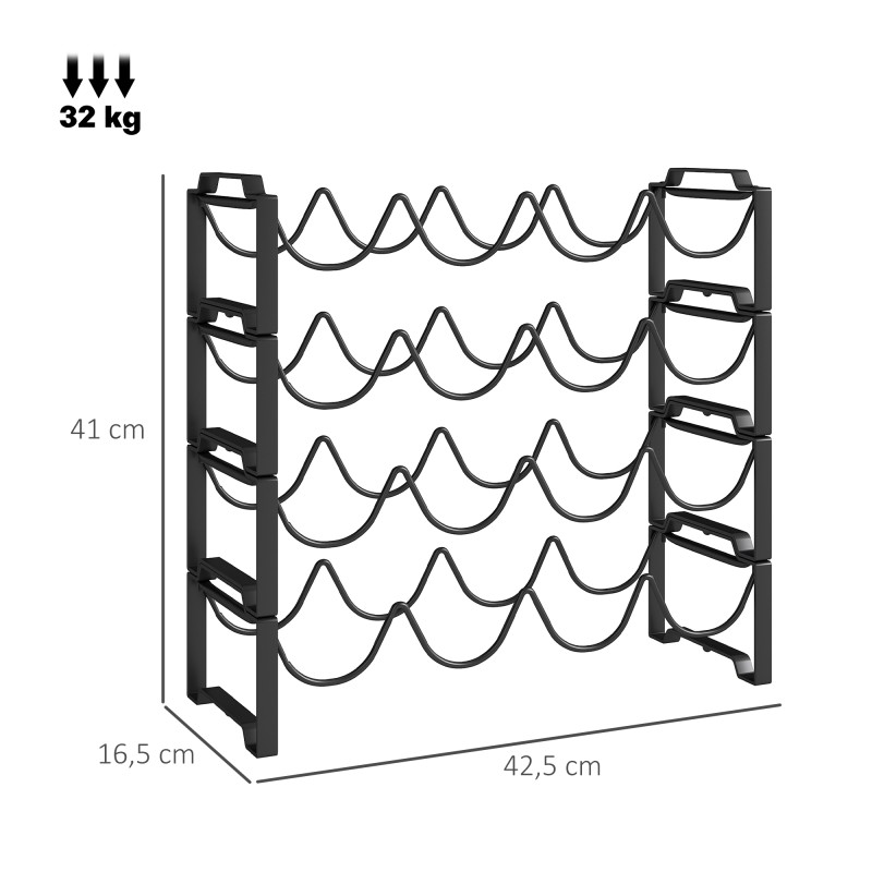 Viiniteline 4 tasoa metallia 16 pullolle musta, vapaasti seisova