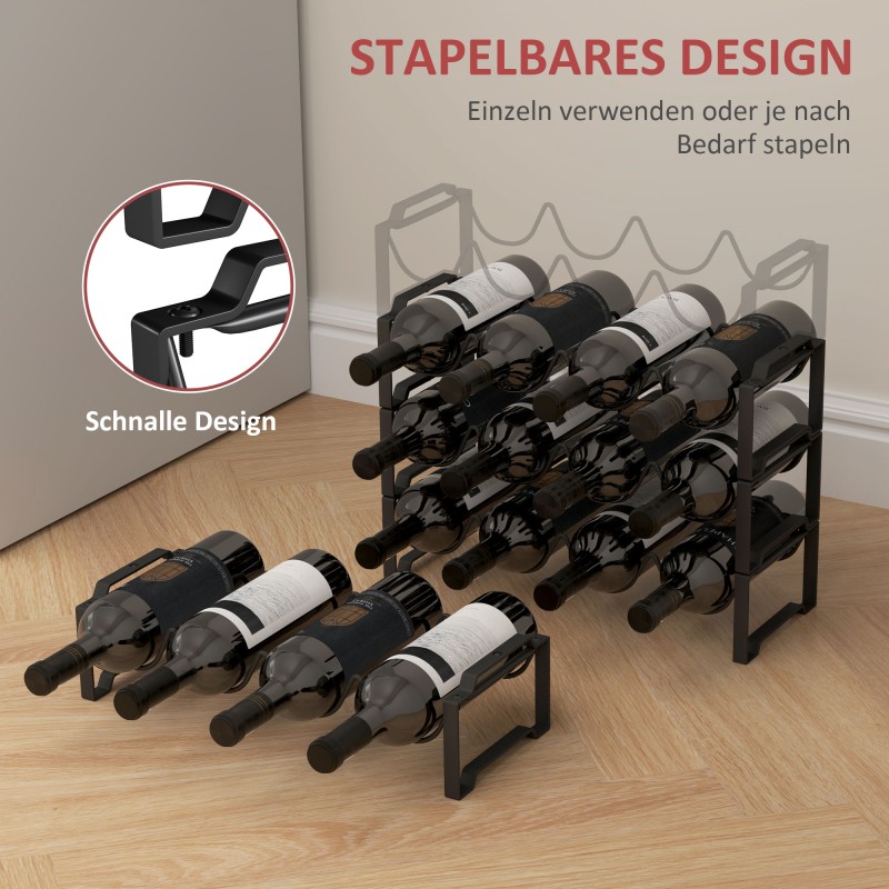 Viiniteline 4 tasoa metallia 16 pullolle musta, vapaasti seisova