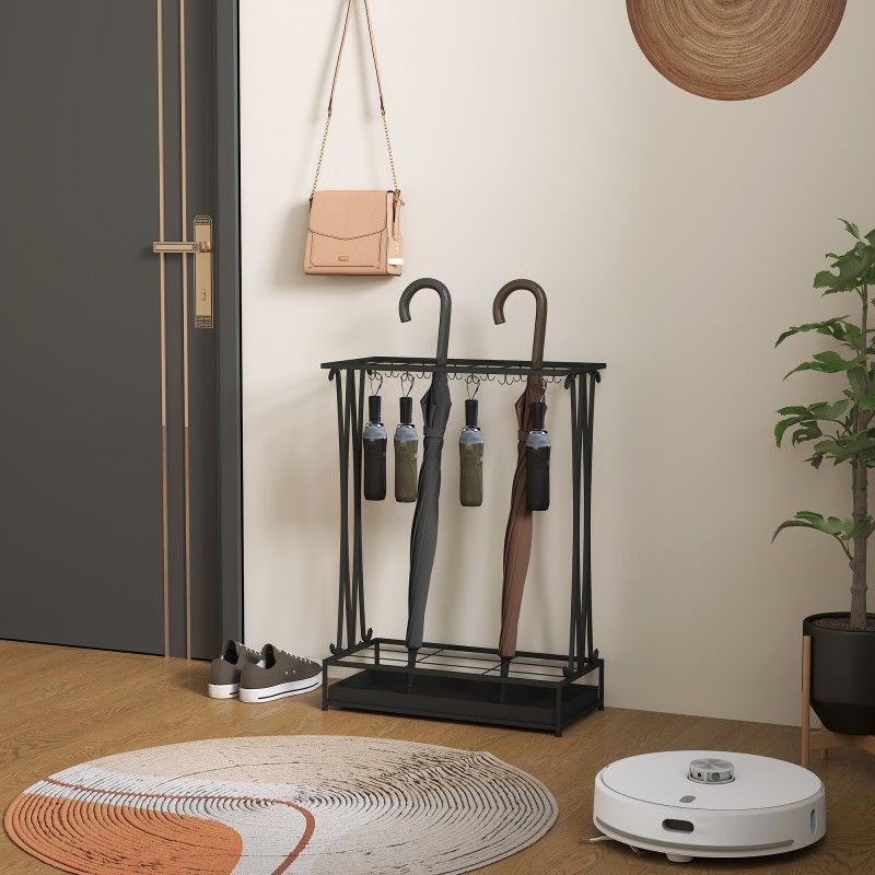 Sateenvarjoteline terästä 21 paikalla ja 24 koukulla, irrotettava tippuvesiallas, musta